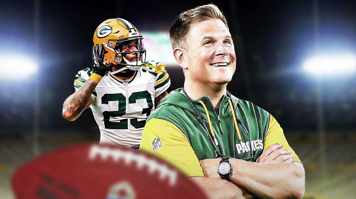 Green Bay Packers general manager Brian Gutekunst and Jaire Alexander in front of Lambeau Field.