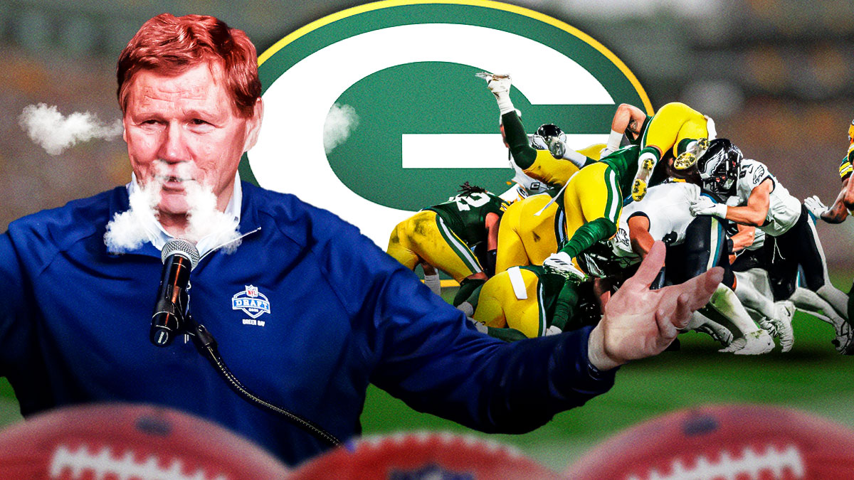 Packers president Mark Murphy looking angry/steam coming out of nose and ears with Packers logo in foreground. Background is a photo of Eagles doing "tush push".