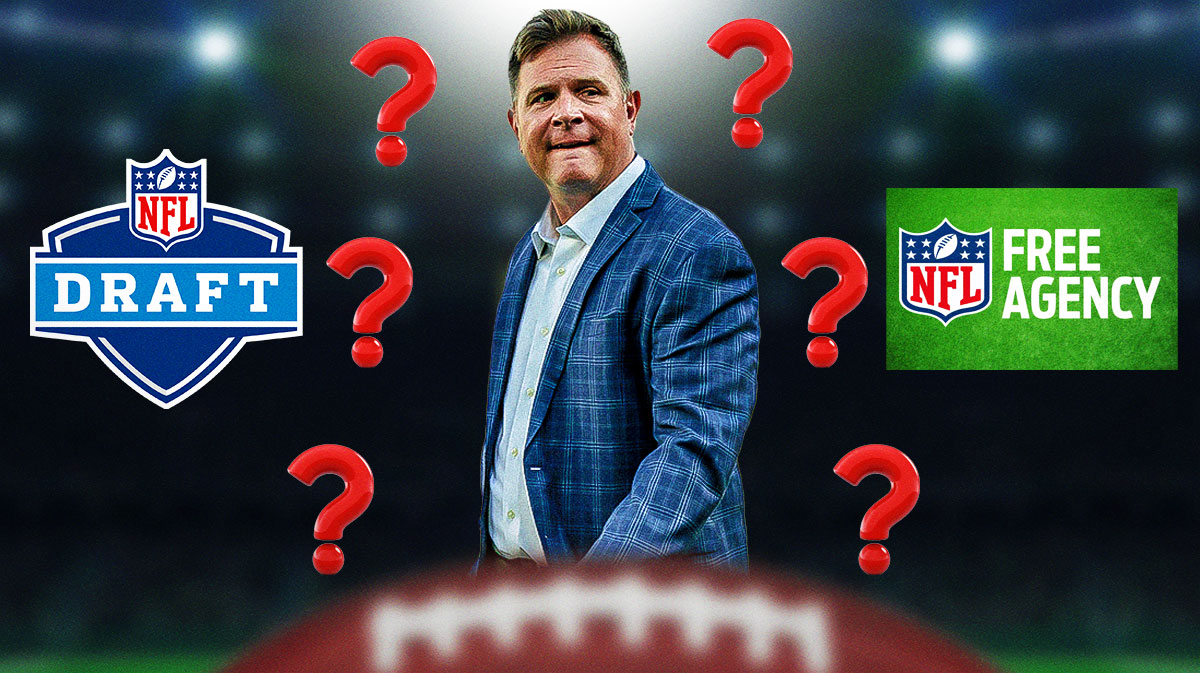 Green Bay Packers general manager Brian Gutekunst with question marks around him, and the NFL Draft logo to his left, and the NFL Free Agency logo to his right