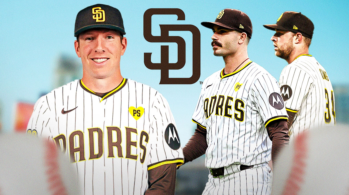 Dylan Cease and Michael King looking at Nick Pivetta in a Padres uniform