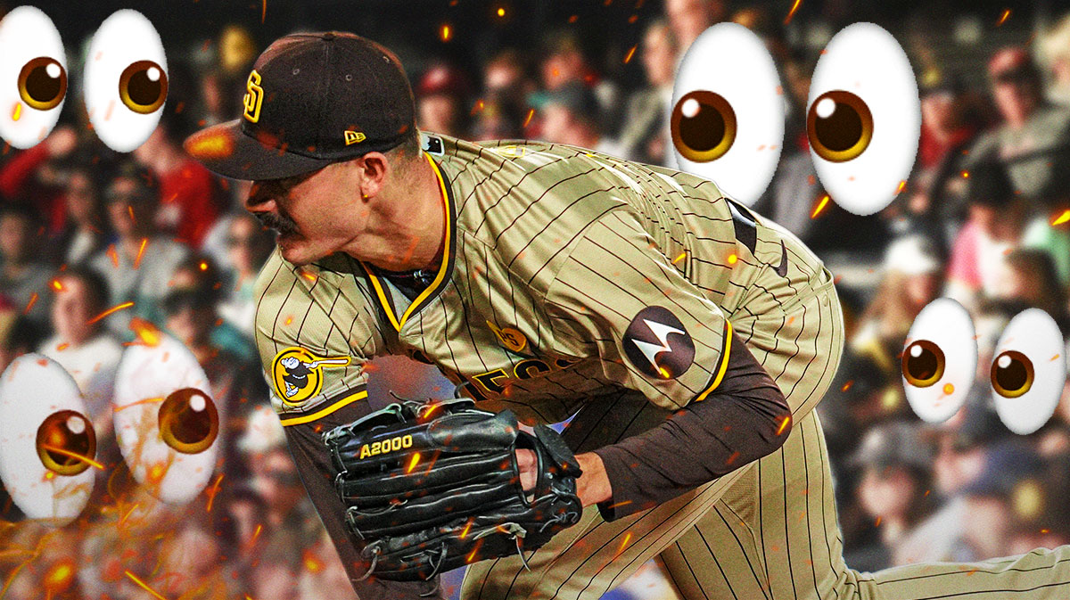 Dylan Cease on one side breathing fire, a bunch of San Diego Padres fans on the other side with the big eyes emoji around them