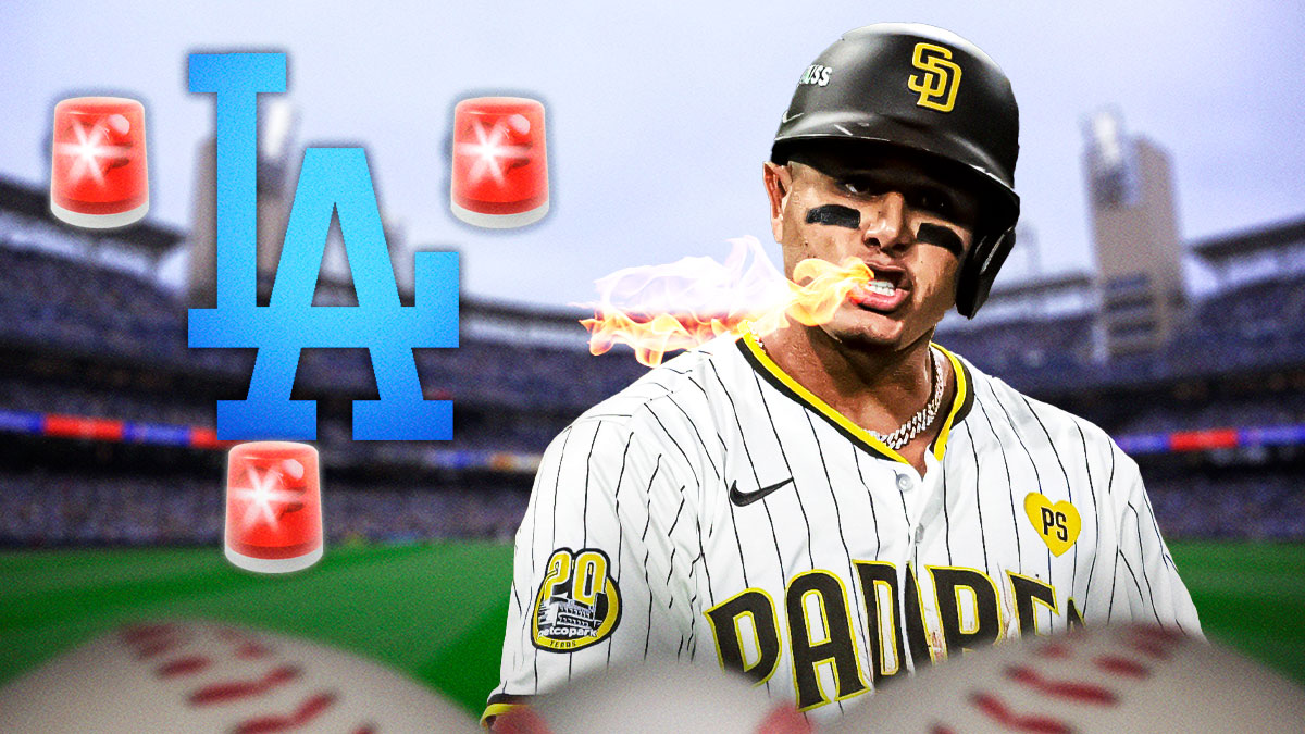 Padres slugger Manny Machado with his mouth breathing fire, and the Dodgers logo with sirens around it.