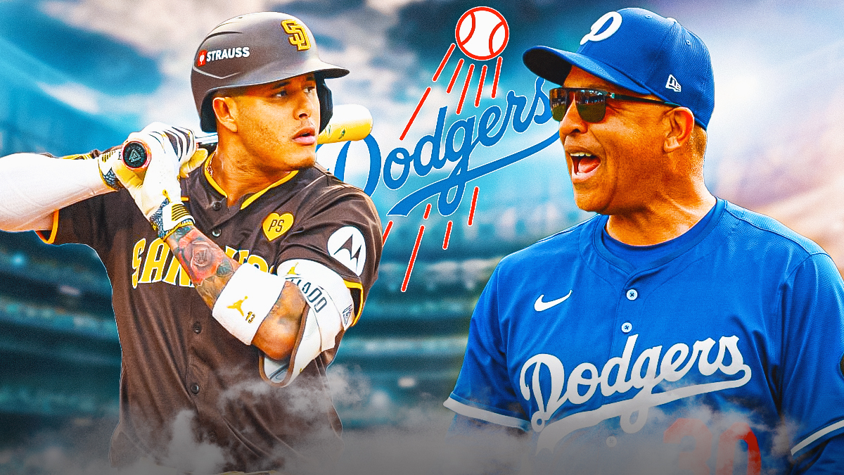 Padres' Manny Machado looking at Dodgers logo with Dave Roberts beside him