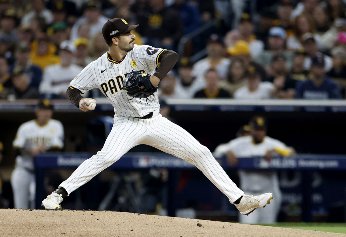 San Diego Padres pitcher Dylan Cease (84) throws in the second inning against the Los Angeles Dodgers during game four of the NLDS for the 2024 MLB Playoffs at Petco Park.