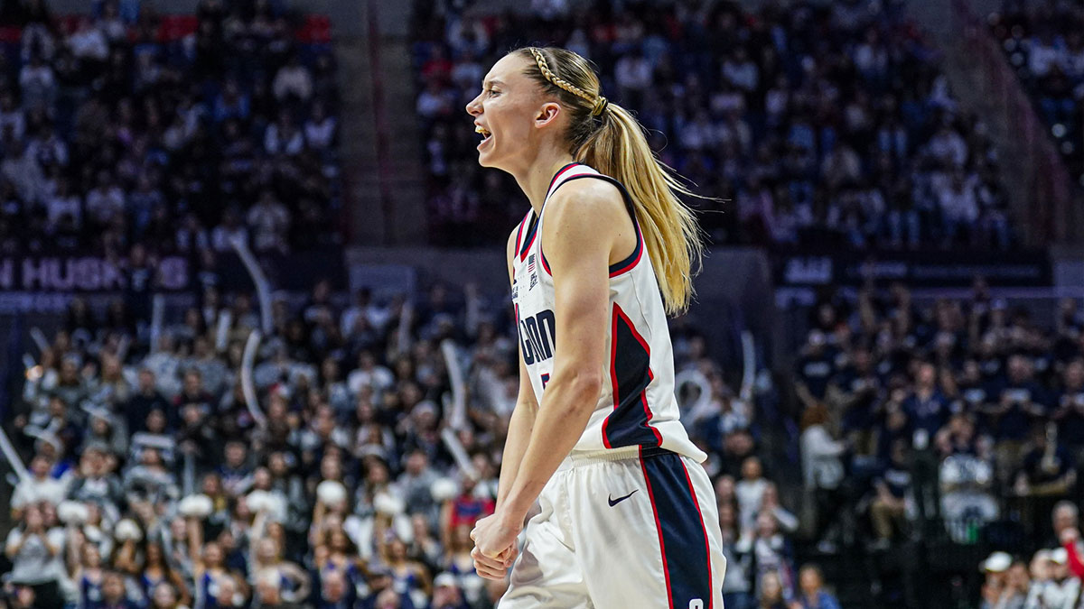 UConn Huskies guard Paige Bueckers (5) reacts after a basket against the Seton Hall Pirates in the second half at Harry A. Gampel Pavilion.
