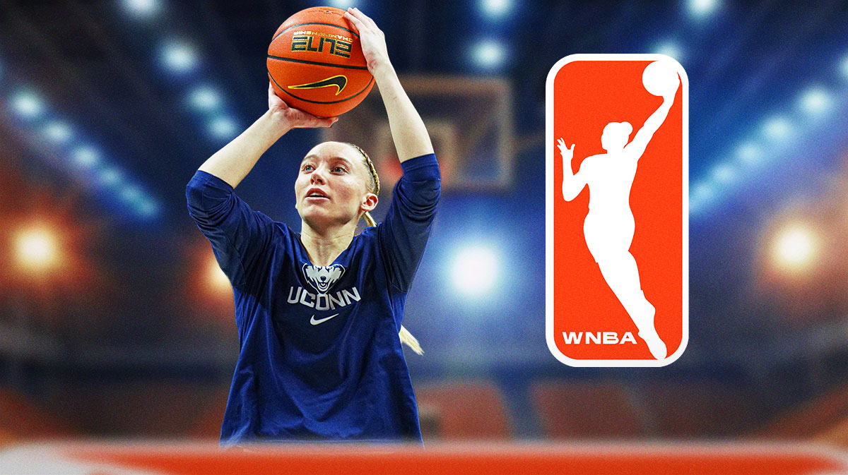 UConn Paige Bueckers in front of image shooting a basketball. Place the WNBA logo in background.