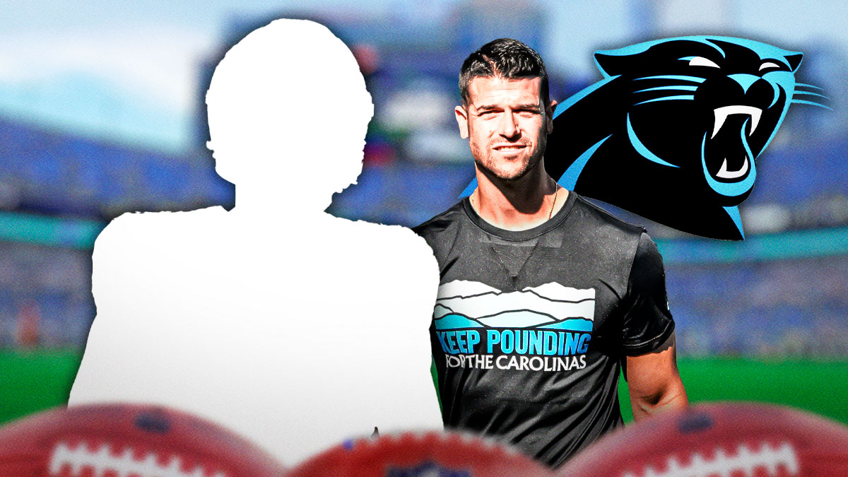 Carolina Panthers head coach Dave Canales next to a silhouette of an American football player with a big question mark emoji inside. There is also a logo for the Carolina Panthers.