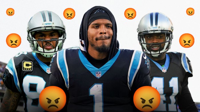 Cam Newton in a Carolina Panthers uniform with Steve Smith Sr and Captain Munnerlyn in Pantheres uniforms and enraged face emojis around them after top NFL draft pick newton called the 2010 panthers losers.