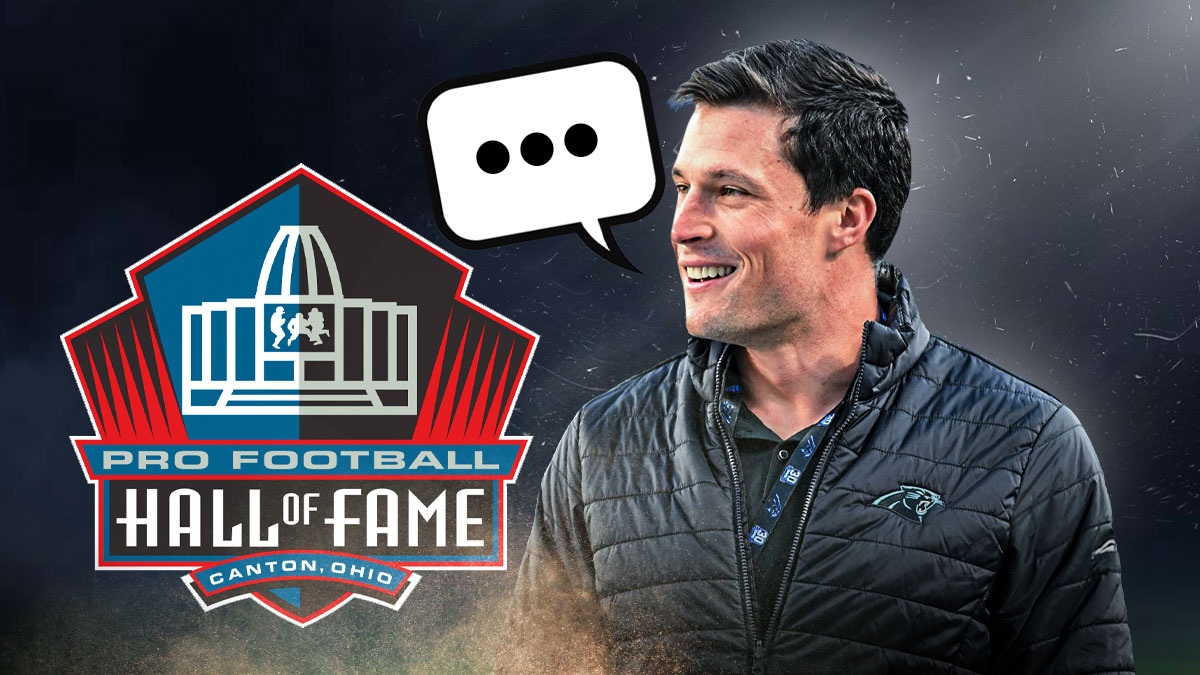 Panthers LB Luke Kuechly looking at peace/unbothered with speech bubble above his head saying, "...". Hall of Fame logo in background.