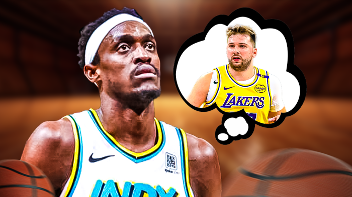 Pacers forward Pascal Siakam with a thought bubble of Luka Doncic in a Lakers jersey
