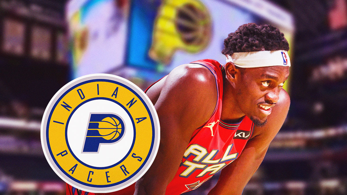 Pacers All-Star Pascal Siakam with the Pacers logo next to him and Pacers' home arena in the background