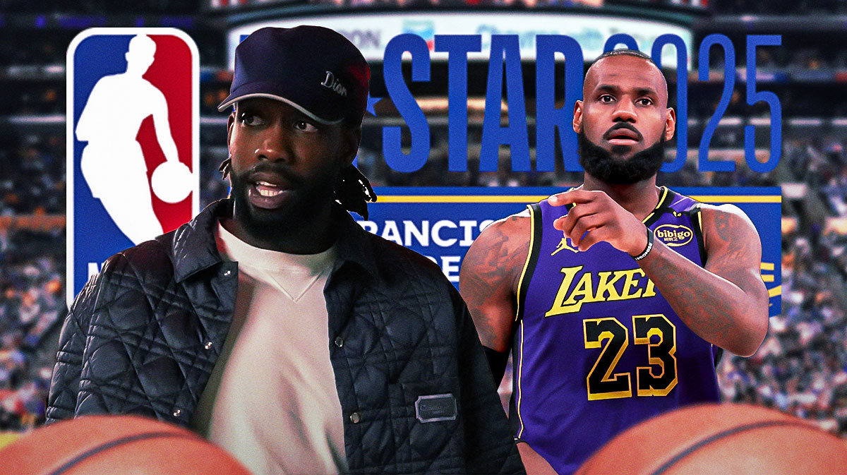 Retired guard Patrick Beverley in street clothes next to Lakers superstar LeBron James with the 2025 NBA All-Star Game logo in the background