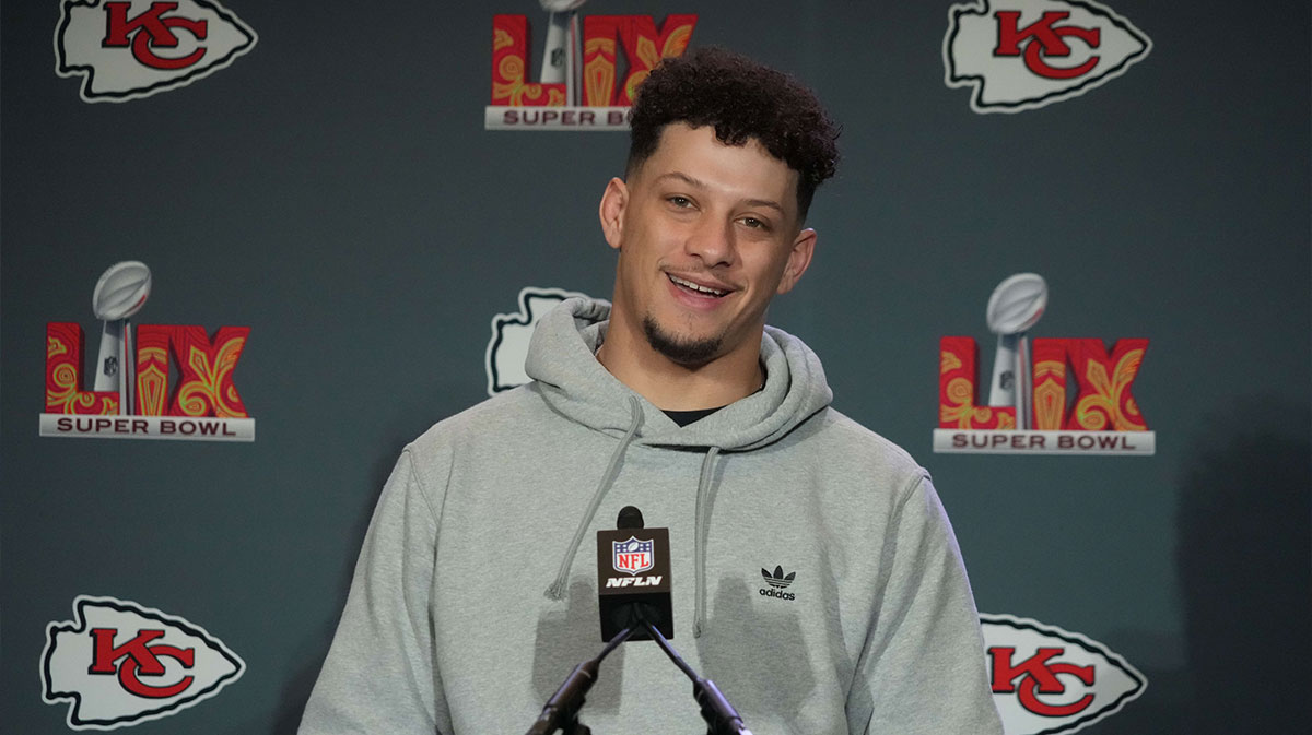 Feb 5, 2025; New Orleans, LA, USA; Kansas City Chiefs quarterback Patrick Mahomes (15) speaks in a press conference ahead of Super Bowl LIX at New Orleans Marriott.