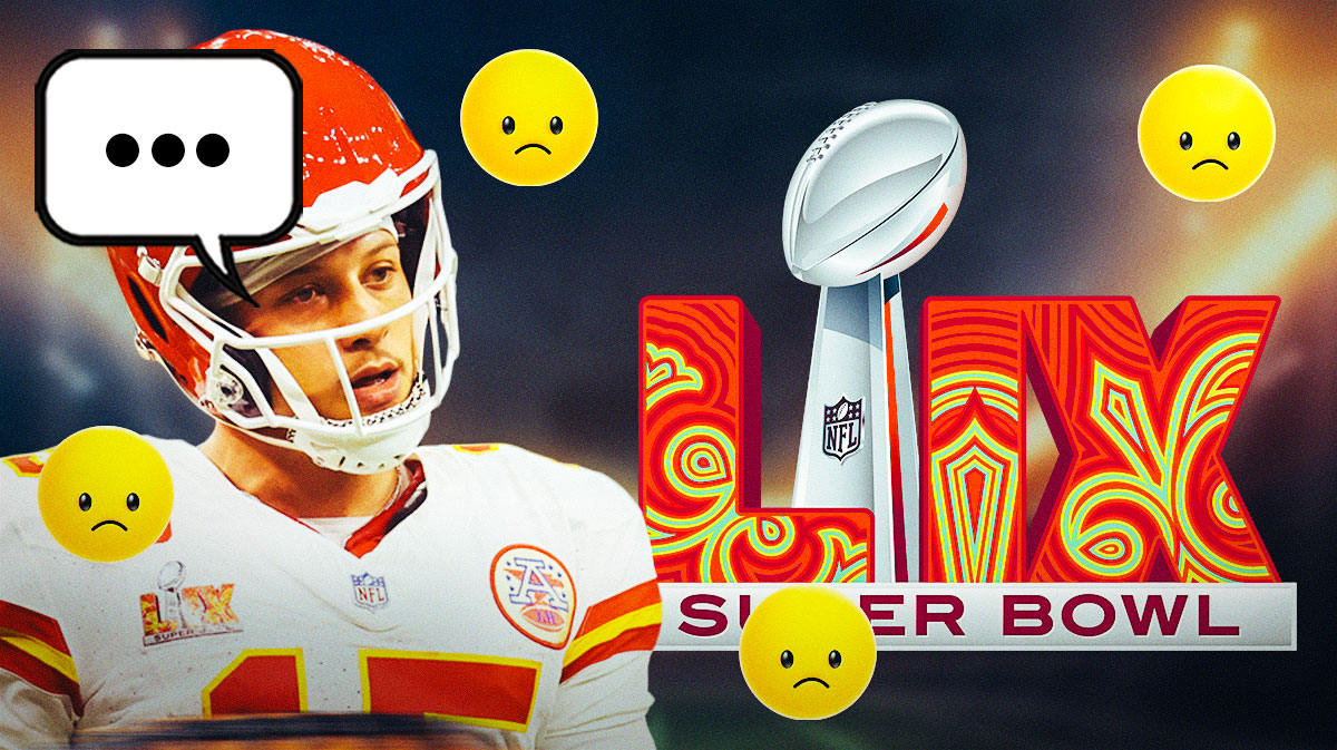 Kansas City Chiefs QB Patrick Mahomes with a speech bubble that has the three dots emoji inside. He is surrounded by sad emojis (😞). There is also a logo for Super Bowl 59.