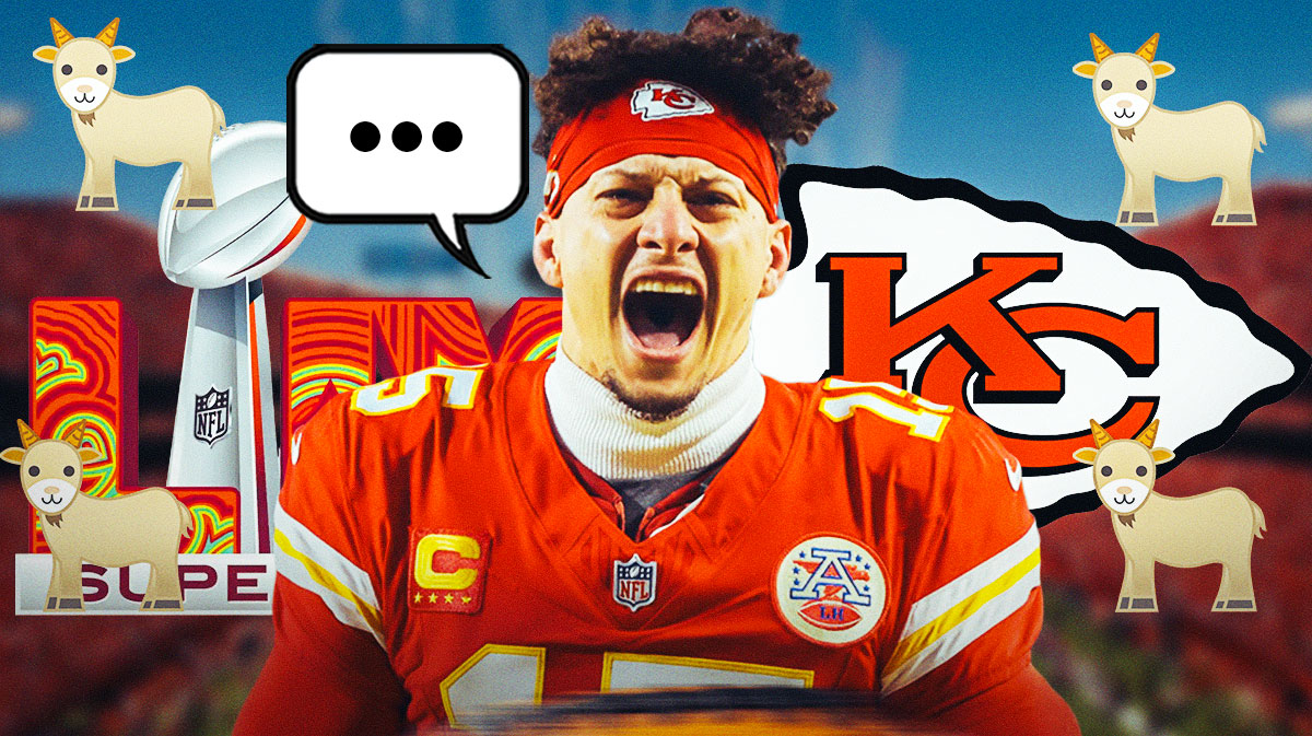 Kansas City Chiefs QB Patrick Mahomes with a speech bubble that has the three dots emoji inside. He is surrounded by goat emojis (🐐). There are also logos for Super Bowl 59 and the Kansas City Chiefs.