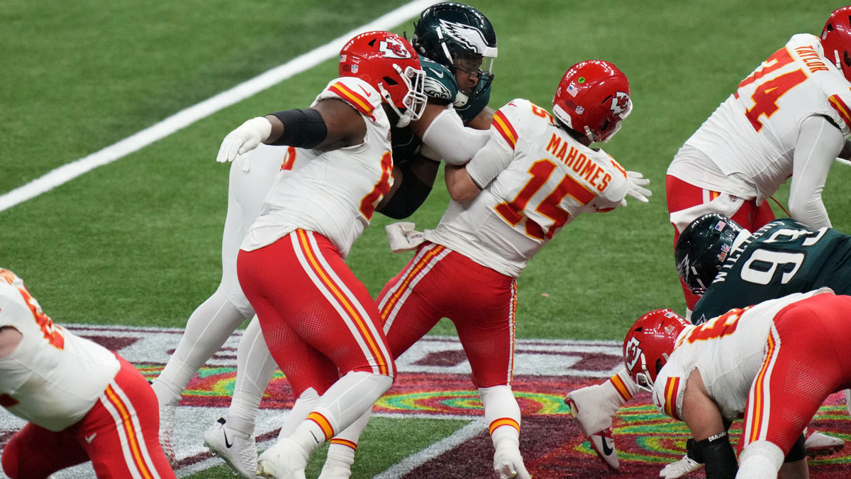Patrick Mahomes hit by Jalen Carter in Super Bowl 59 on February 9, 2025.