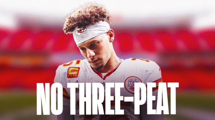 Chiefs' Patrick Mahomes looking sad, with caption below: NO THREE-PEAT