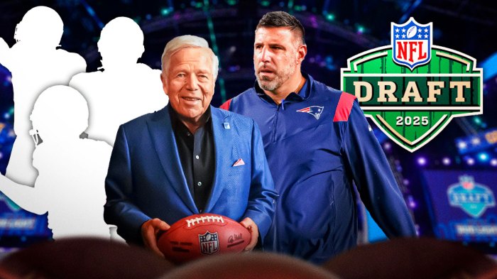 Patriots HC Mike Vrabel and owner Robert Kraft in front. 2025 NFL Draft logo in background. SILHOUETTES of 1.) Arizona WR Tetairoa McMillan; 2.) Texas CB Jahdae Barron; 3.) Utah State WR Jalen Royals. Background NFL Draft stage.