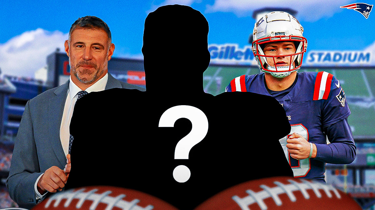 New England Patriots head coach Mike Vrabel with QB Drake Maye. There is also a silhouette of an American football player with a big question mark emoji inside. There is also a logo for the New England Patriots.