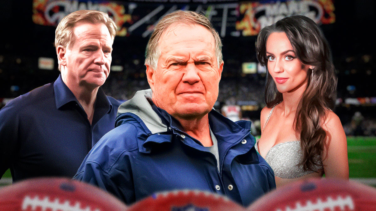 North Carolina Tar Heels head coach Bill Belichick in center, Jordon Hudson on right side, NFL commissioner Roger Goodell on left side, Caesars Superdome (host of Super Bowl LIX and home stadium of the New Orleans Saints) in background