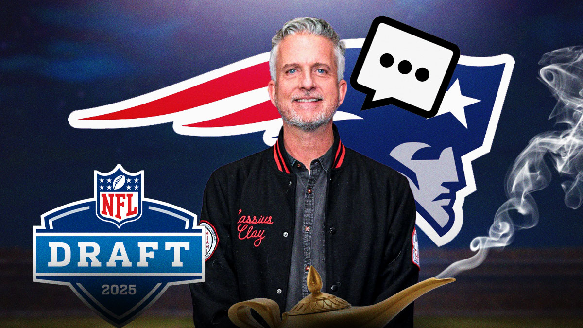 Bill Simmons holding a genie lamp with speech bubble above his head saying, "...". 2025 NFL Draft logo in foreground. Patriots logo in background. Background is NFL Draft stage.