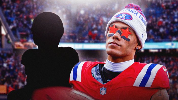 Patriots CB Christian Gonzalez with stars in his eyes (like this 🤩) looking at a SILHOUETTE of Bengals WR Ja'Marr Chase. Patriots logo in background. Background is Gillette Stadium.
