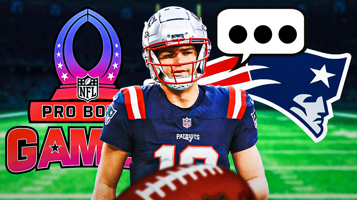 New England Patriots QB Drake Maye with a speech bubble that has the three dots emoji inside. There are also logos for the New England Patriots and the 2025 Pro Bowl Games.