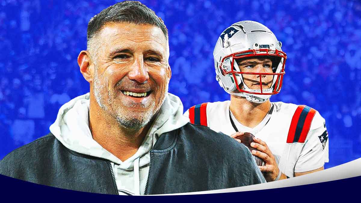 Patriots Mike Vrabel standing next to Drake Maye