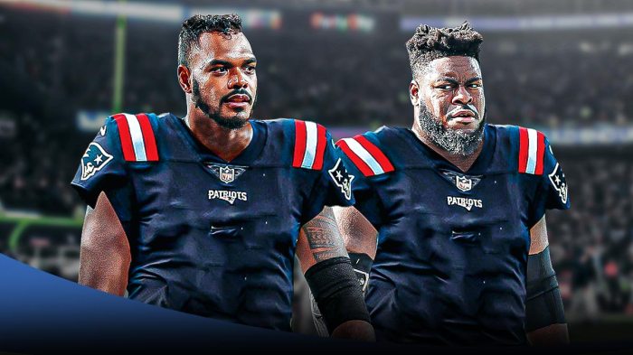 Ronnie Stanley and Trey Smith wearing Patriots uniforms.