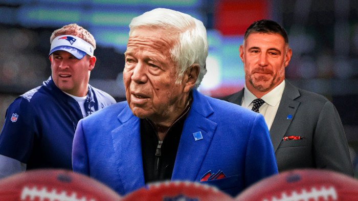 Patriots owner Robert Kraft with head coach Mike Vrabel and new Patriots OC Josh McDaniels.