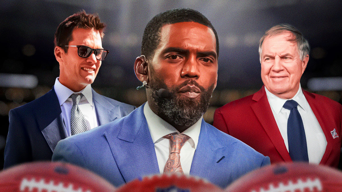 Patriots' Randy Moss in the middle with Tom Brady on one side and Bill Belichick on the other. All 3 of them in suits/street clothes