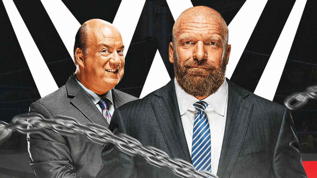Paul Heyman next to Triple H in front of the WWE logo