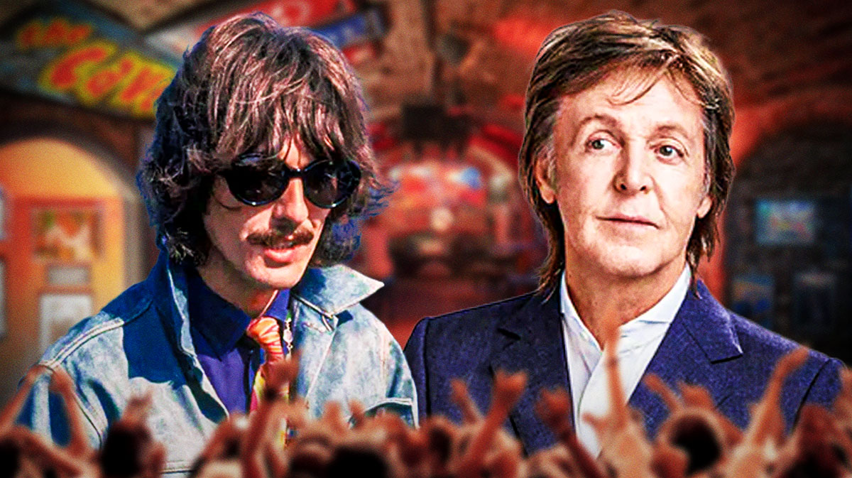Former Beatles bandmates George Harrison, whose birthday is February 25, and Paul McCartney with Cavern Club background.