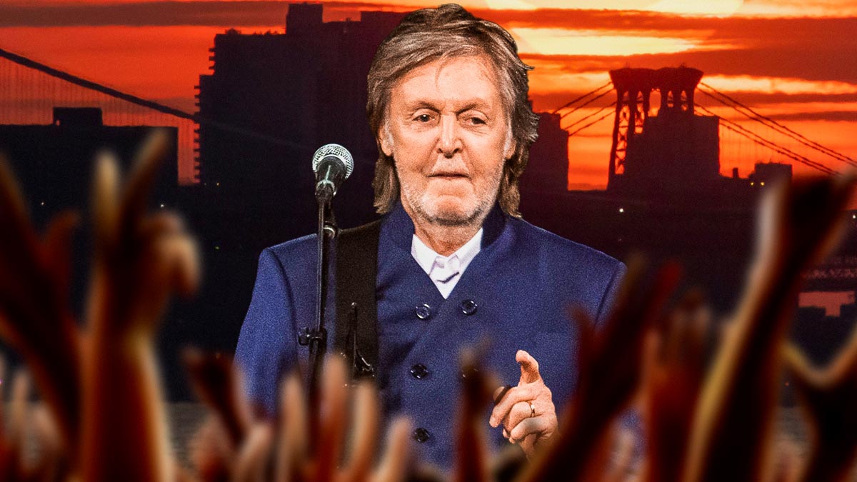 Paul McCartney, who played a second show at the Bowery Ballroom in New York City with surprises in the setlist, with skyline background.