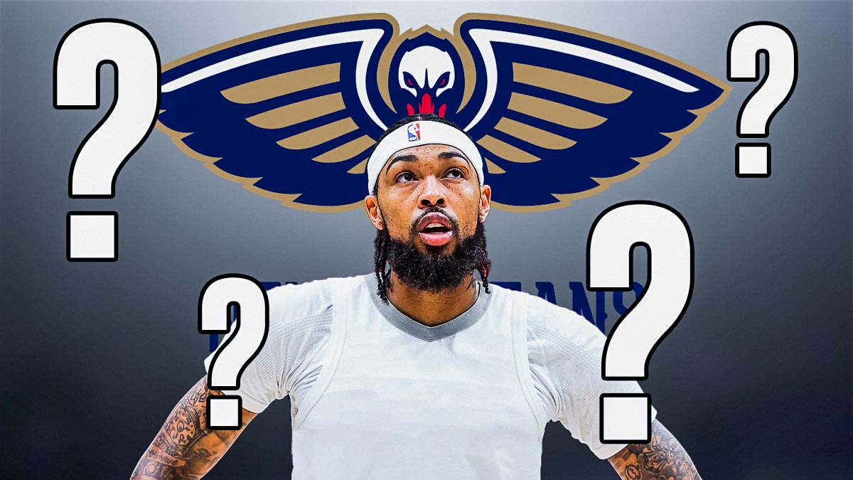 Brandon Ingram in a blank white jersey with question marks around and a Pelicans logo background.