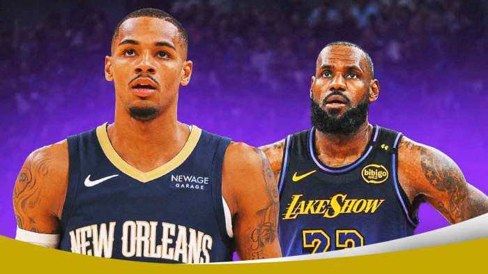 LeBron James looking concerned at Dejounte Murray.
