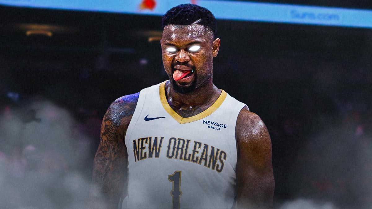 Zion Williamson with glowing eyes. Pelicans logo in the background.