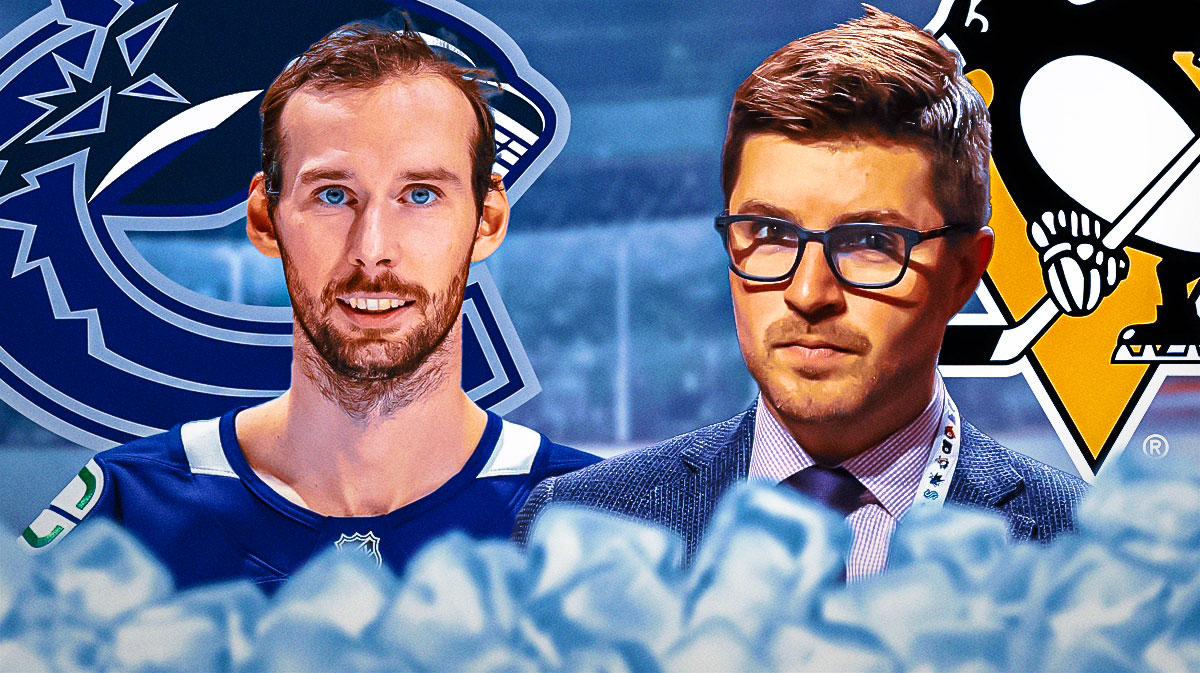 Marcus Pettersson with Vancouver Canucks on right. Kyle Dubas on left. Pittsburgh Penguins logo behind them