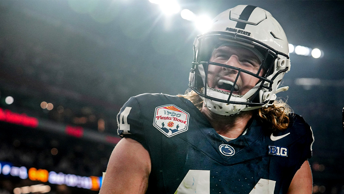 Penn State Nittany Lions tight end Tyler Warren (44) celebrates his touchdown catch against the Boise State Broncos during their Vrbo Fiesta Bowl matchup at State Farm Stadium in Glendale on Dec. 31, 2024.