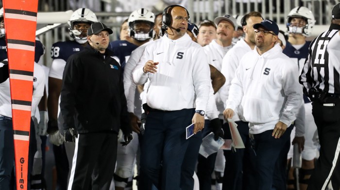 Penn State Nittany Lions head coach James Franklin looks on from the sideline during the third quarter against the Washington Huskies at Beaver Stadium. Penn State won 35-6.