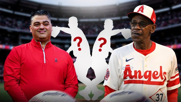 Los Angeles Angels general manager Perry Minasian on left side, blank player silhouettes with question marks in center, Los Angeles Angels manager Ron Washington on right side, Angel Stadium (home stadium of the Los Angeles Angels) in background