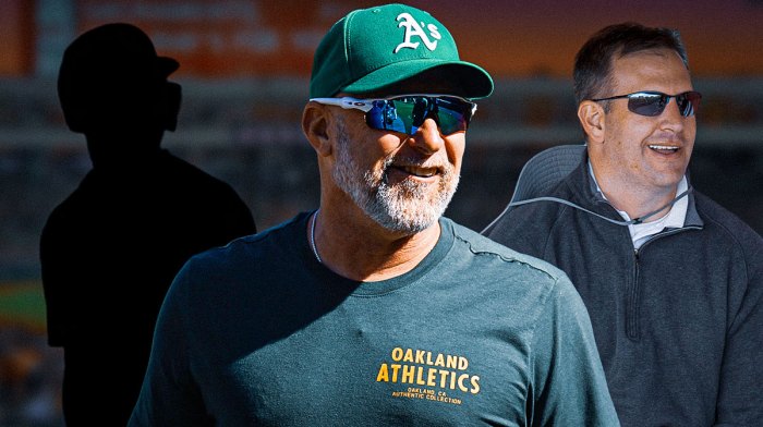 Blank player silhouettes with question marks in center, Athletics manager Mark Kotsay on left side, Athletics general manager David Forst on right side, Sutter Health Park (home stadium of the Athletics) in the background