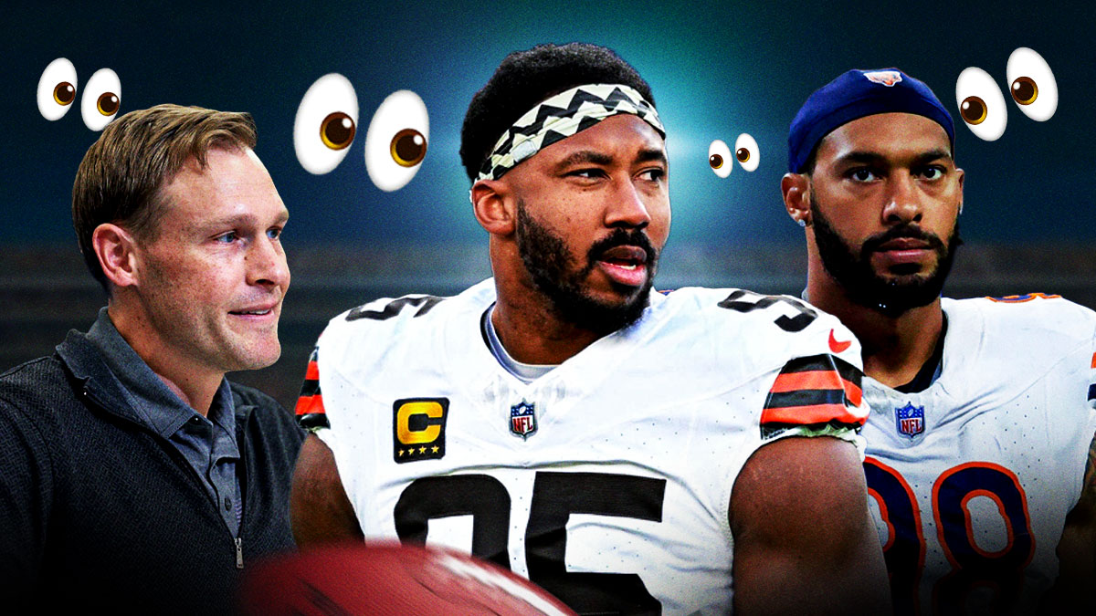 Myles Garrett in the middle, Two other mystery players in Bears uniforms, ⚡️⚡️⚡️ in the background