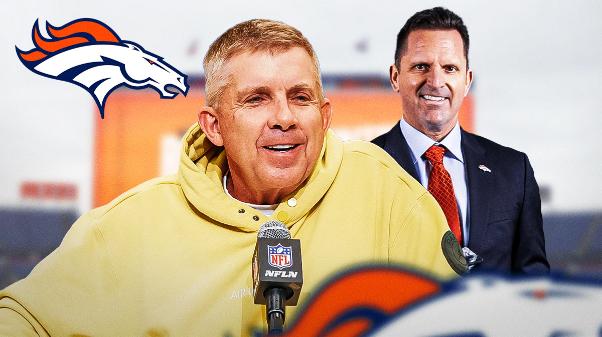 Sean Payton and George Paton next to Broncos logo.