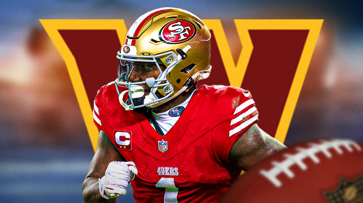 San Francisco 49ers WR Deebo Samuel surrounded by question mark emojis. There is also a logo for the Washington Commanders.