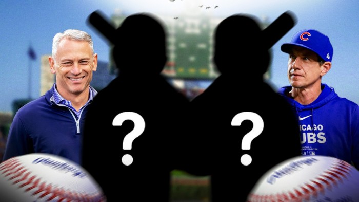 Chicago Cubs president of baseball operations Jed Hoyer on left aside, Chicago Cubs manager Craig Counsell on right side, blank player silhouettes with question marks in center, Wrigley Field (home field of the Chicago Cubs) in background