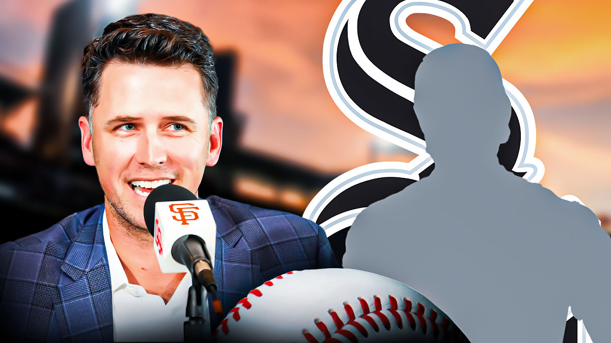 The Giants President Buster Posey on the phone looking at the White Sox logo with the silhouette of Luis Robert