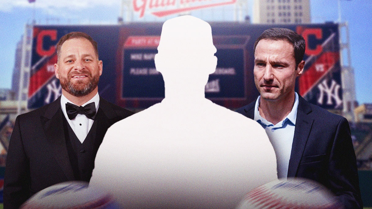 Blank player silhouettes with question marks in center, Cleveland Guardians manager Stephen Vogt on left side, Cleveland Guardians president of baseball operations Chris Antonetti on right side, Progressive Field (home stadium of the Cleveland Guardians) in background