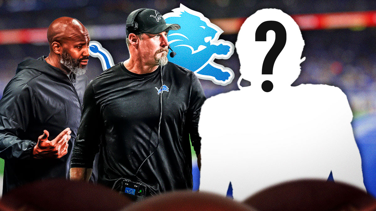 Detroit Lions head coach Dan Campbell with GM Brad Holmes and a silhouette of an American football player with a big question mark emoji inside. There is also a logo for the Detroit Lions.