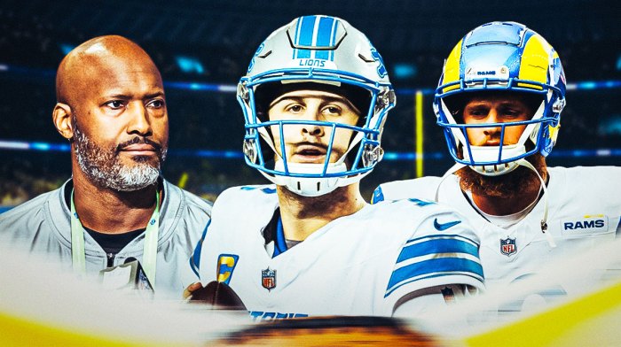 Detroit Lions QB Jared Goff with Lions GM Brad Holmes and Los Angeles Rams WR Cooper Kupp. There is also a logo for the Detroit Lions.